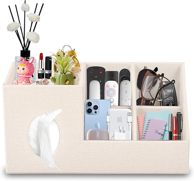 Plus Size Tissue Box Cover-Square Linen Tissue Cover with Side Storage and Tray,Modern Makeup Organizer,Leather Tissue Holder Decorative Cube Organizer for Living Room Vanity NightStand Office,Beige