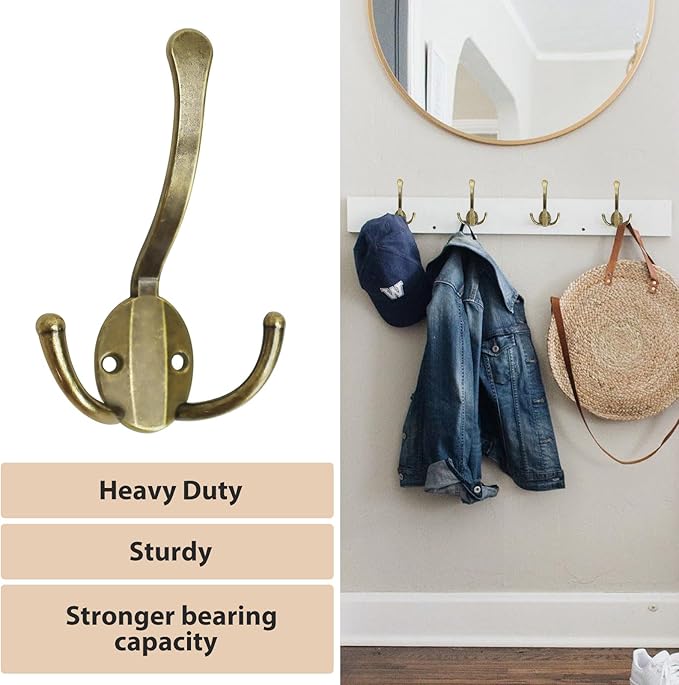20 Pack Coat Hooks Heavy Duty, Metal Three Prongs Large Coat Hooks Wall Mounted with 40 Screws, No Rust Antique Brass Rustic Wall Hooks for Hanging Towel, Coat, Scarf, Bag, Hat, Cup, Key