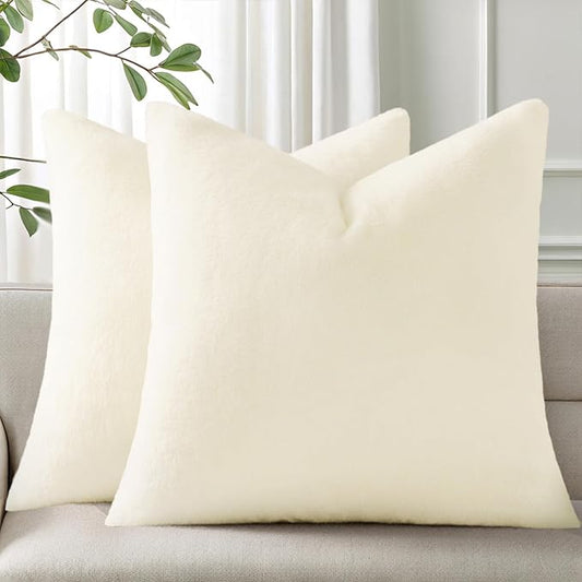 Pallene Faux Fur Plush Spring Throw Pillow Covers 16x16 Set of 2, Soft Fluffy Couch Pillow Covers for Living Room, Cream White