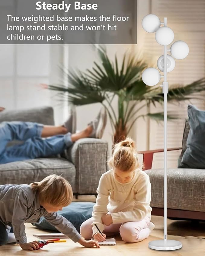 ACOHOOK 64IN Dimmable White Floor Lamp, Tall Standing Lamps with 5 Globe Soft Warm White Eye Care 3000K G9 Bulbs, Mid Century Modern Floor Lamp for Living Room Bedroom Office