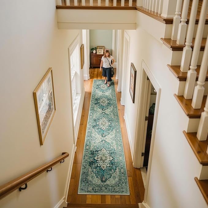 RELEANY Area Rugs 2'x10' Washable Non-Slip, Floral Vintage Distress Print Pattern Medallion Carpet for Living Room Bedroom Dining Room, Dark Blue Vintage