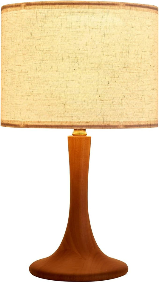 Bedside Table Lamp for Bedroom, Nordic Plug in Fabric Shade & Solid Wood Base Desk Lamp, Plug & Play Red Wood Color Nightstand Lamp for Living Room, Office, Switch Power Cord 【Bulb Not Included】
