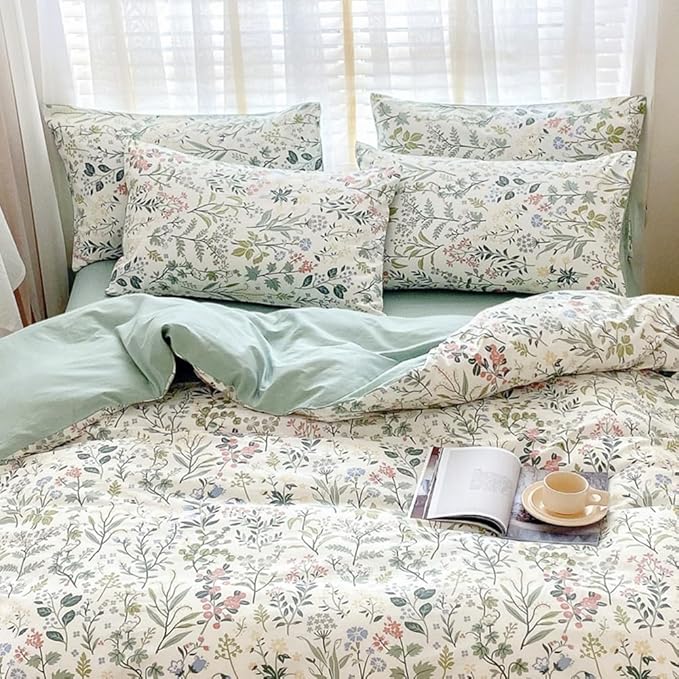 Botanical Floral Duvet Cover Twin Fresh Soft 100% Cotton Comforter Cover Floral Print Cottagecore Bedding Set with 2 Pillowcases Vintage Country Wildflower Comforter Cover with Zipper Closure Twin