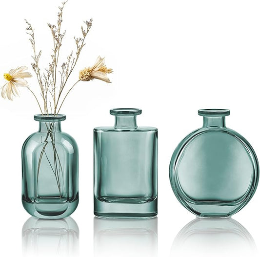 Joeyan Green Glass Bud Vase Set of 3 - Decorative Rustic Flower Vase - Small Bottle Vase Centerpieces for Wedding, Home, Office, Table Décor