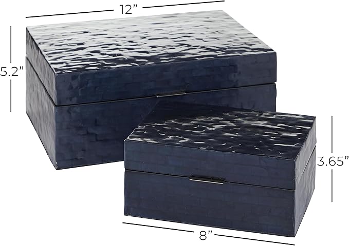 Deco 79 Mother of Pearl Shell Handmade Decorative Box Mosaic Storage Decorative Keepsake Boxes, Set of 2 Storage Boxes 5", 4"H, Dark Blue