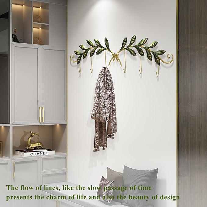 Olive Leaf Gold Wall Coat Hooks 6-Pack, Decorative Wall Mounted Coat Rack，Heavy Duty Metal Entryway Hanger for Hallway, Bathroom, Bedroom, Includes Hardware & Adhesive Strips