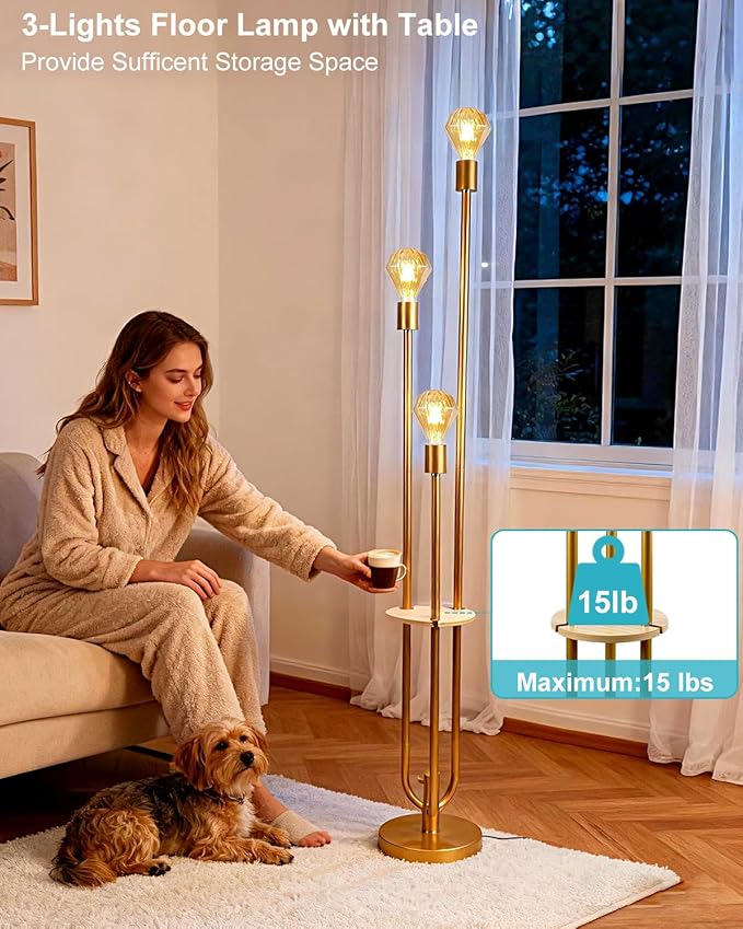 Lightdot Gold Floor Lamp for Living Room, Dimmable Vintage Floor Lamp with Shelf & E26 Base Bulbs, 3 Light 3000K Warmwhite Mid Century Standing Lamp for Reading, Tall Lamp for Bedroom Office