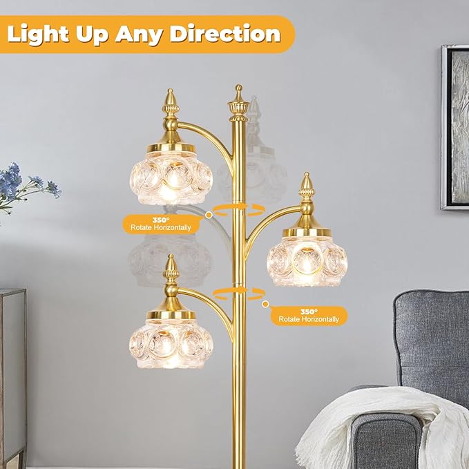JUNNAI Gold Floor Lamp, Dimmable Tree Floor Lamps for Living Room Brass Tall Standing Lamp with 3 Rotatable Lights Glass Shade 66.5'' Modern Corner Lamp for Bedroom Office(3LED Bulbs Included)