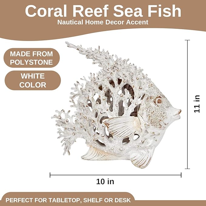 Ocean Decor White Coral Reef Angelfish Sculpture Beach Home Decor Coastal Coral Look Tabletop Collection 11 in x 10 in