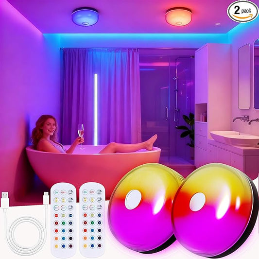 2PACK Rechargeable LED Shower Light with Remote, 15 RGB Colors Mood Lighting Without Wiring,Dimmable Ceiling Light for Bathroom Living Room Closet Bedroom