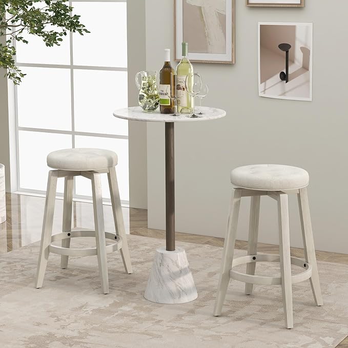 Giantex Swivel Bar Stools Set of 2, 26" Counter Height Stools w/Tufted Seat & Rubber Wood Frame, Round Backless Kitchen Stool with Footrest, Barstools for Kitchen Island/Breakfast/Pub, Antique White
