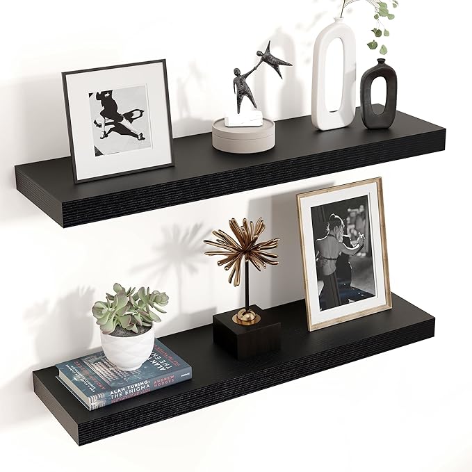 Floating Shelves for Wall 24"W x 6.7"D x 1.37"H, Engineered Wood Wall Shelves with Invisible Brackets for Living Room Bedroom Bathroom Office Kitchen Decor and Storage, Black Finish, Set of 2