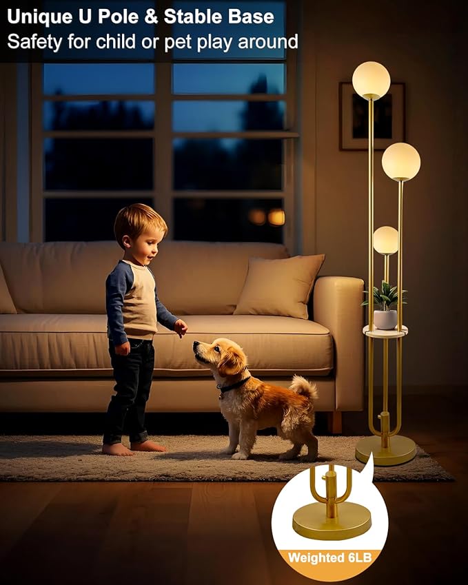 ACOHOOK 63IN Dimmable Floor Lamp with Shelf, Unique Globe Gold Tall Standing Lamps Candle Holder Style, 3000K Warmwhite Mid Century Modern Floor Lamp for Living Room Home Office(Bulbs Included)