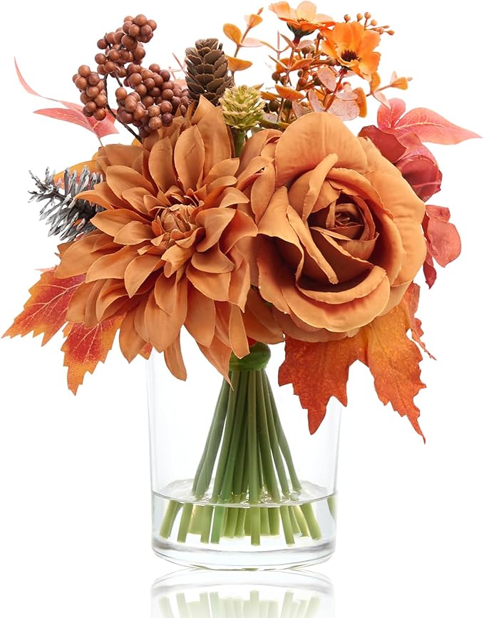 WELL KNOWN Artificial Flowers in Glass Vase, Burnt Orange Silk Rose Dahlia Flower Pine Berry Bouquet with Fake Water for Winter Home Dinning Coffee Table Wedding Chritmas Party Kitchen Decor & Gift