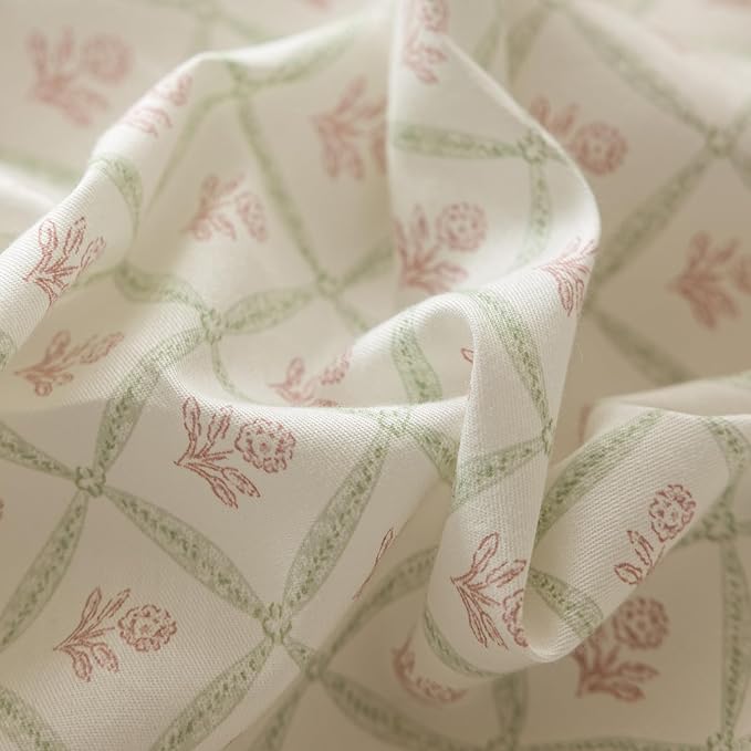 Pink Flower Duvet Cover Queen Green Plaid Grid Duvet Cover 100% Cotton Floral Cottagecore Bedding Set Queen with 2 Bow Ties Pillowcases Vintage Aesthetic Girls Comforter Cover with Zipper Closure
