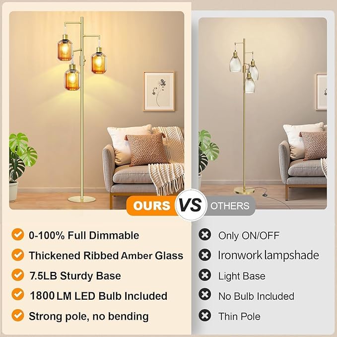 LVYE Gold Floor Lamp for Living Room, Modern Mid Century Standing Lamp with Amber Glass Shade, Dimmable Tall Tree Lamp with 3×6W LED Bulbs, Tall Lamp for Bedroom Office