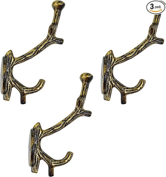 Set of 3 Cast Iron Tree Branch Shape Coat Hooks Wall Art Decor-Branch Shape Hangers and Key Holder-Clothes Rack and Backpack Hanger-Coat Hooks Home Decor for Storage,Living (Brass Antique)