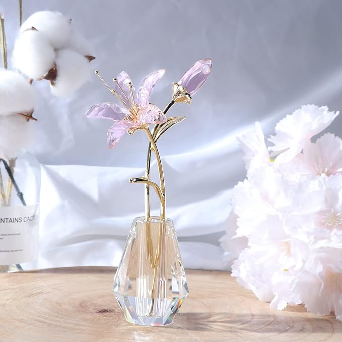 Movdyka Crystal Lily Flower Figurine with Stems, Handmade Collectible Statue for Decoration Mothers Day, Centerpiece, Bridal Shower Gift Pink