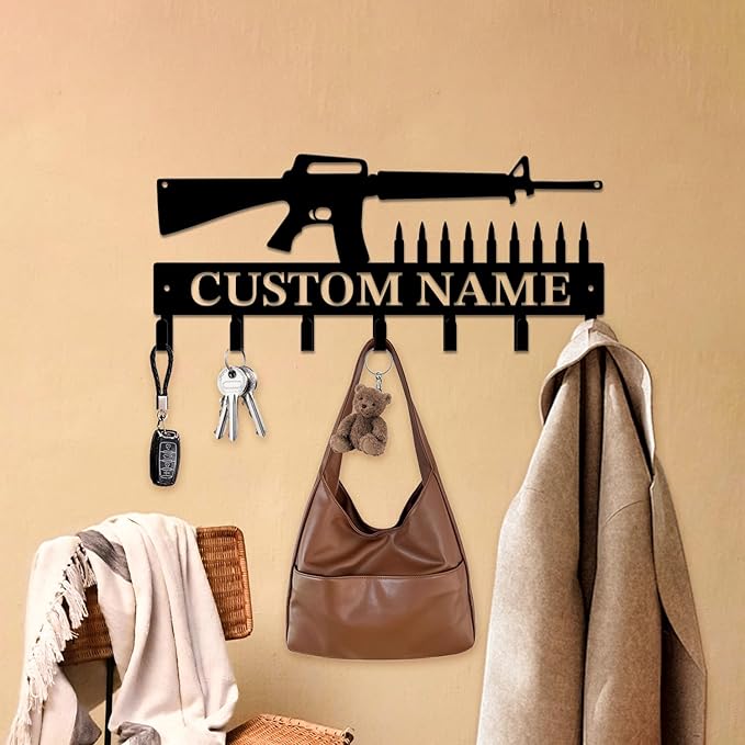 Personalized Custom Name Gun Wall Hooks,Metal Gun Room Art Clothes Hooks,Metal Gun Wall Home Storage Decorative,For Front Door, Hallway, Kitchen, Bedroom,Keys,Hats (Style H)