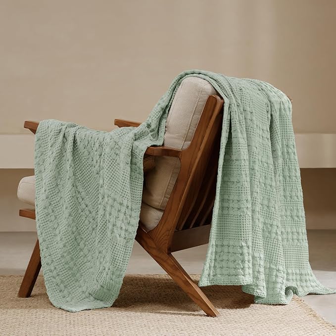 PHF 100% Cotton Waffle Weave Throw Blanket, Soft Lightweight Breathable Cozy Throws for Couch Bed Sofa, 300 GSM Luxury Aesthetic Blanket Gift for Home Decor & Office, 50"x60", Mint Green
