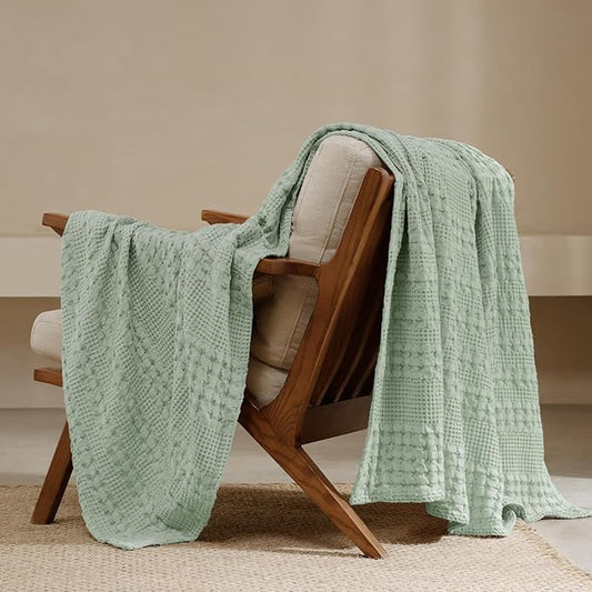 PHF 100% Cotton Waffle Weave Throw Blanket, Soft Lightweight Breathable Cozy Throws for Couch Bed Sofa, 300 GSM Luxury Aesthetic Blanket Gift for Home Decor & Office, 50"x60", Mint Green