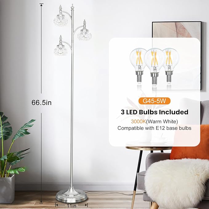 JUNNAI Brushed Nickel Floor Lamp 66.5'' Tall Standing Lamp Dimmable Tree Floor Lamps with 3 LED Lights Glass Shades Silver Lamp for Living Room Bedroom Office(3 Bulbs Included)