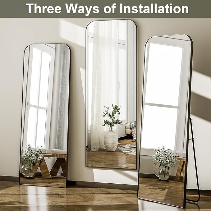 HARRITPURE 57"x20" Full Length Mirror, Black Rounded Corner Aluminum Frame Standing Mirror, Hanging/Leaning Wall Floor Mirror with Stand for Living Room Bedroom Cloakroom