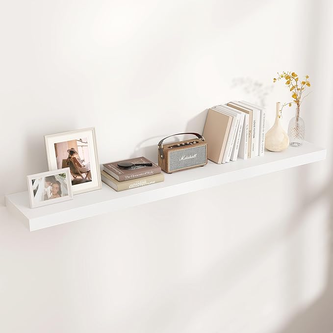 Floating Shelves for Wall, Engineered Wood Wall Shelves with Invisible Brackets for Living Room Bedroom Bathroom Office Kitchen Decor and Storage (White, 55" W x 9" D x 1.5" H) Set of 1