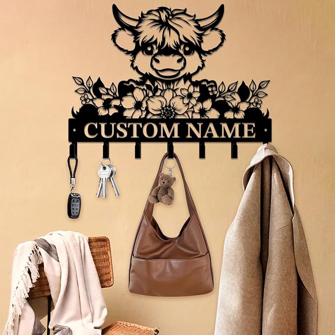 magilab Personalized Custom Highland Cow Wall Hooks,Metal Highland Cow Art Clothes Hooks,Metal Highland Cow Wall Home Storage Decorative,for Front Door, Hallway, Kitchen, Bedroom,Keys,Hats (Style H)