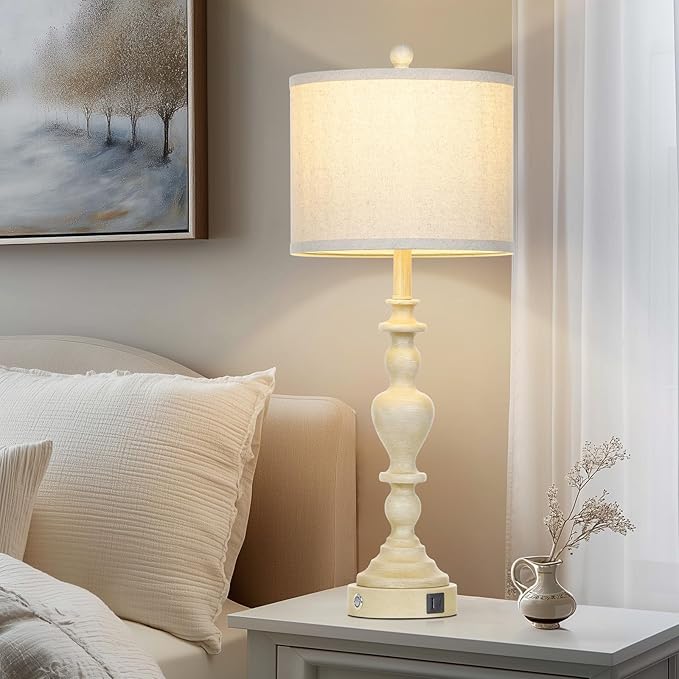 27" Vintage Farmhouse Table Lamps for Living Room Set of 2, Rustic Nightstand Lamps with USB C+A Ports, 3-Way Dimmable Retro Bedside Lamps for Bedroom Office 2 LED Bulbs Included Washed Antique Beige