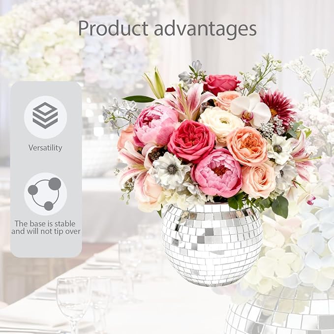 2 Pcs Disco Ball Vases,6" X 6.7" Disco Ball Centerpieces Decor,Silver Mirror Plastic Vase Disco Ball Planter for Wedding,Birthday,Office Table Decorations