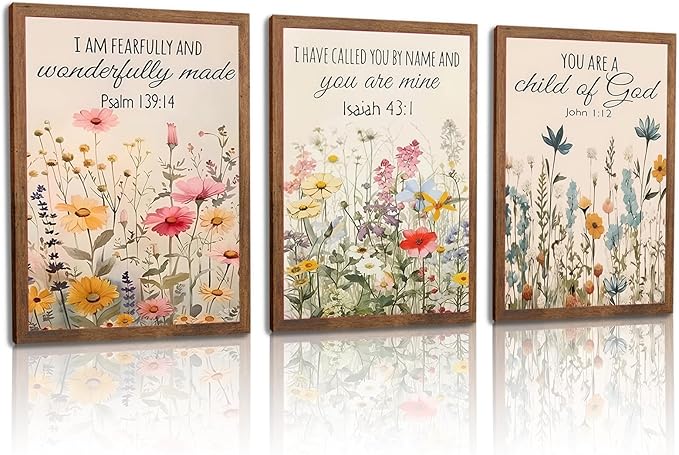 3Pcs Floral Christian Scripture Canvas Posters Prints Wall Art,Home Decor Inspirational Bible Verse Preppy Room Decor Wall Decoration, for Bedroom Living Room Bathroom university dormitories 24x16in Framed