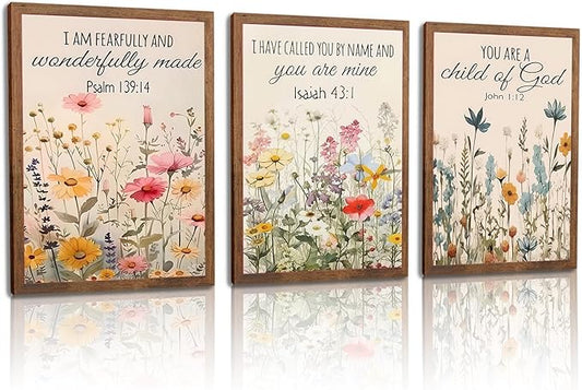3Pcs Floral Christian Scripture Canvas Posters Prints Wall Art,Home Decor Inspirational Bible Verse Preppy Room Decor Wall Decoration, for Bedroom Living Room Bathroom university dormitories 24x16in Framed