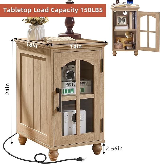 Narrow Side Table,Farmhouse Nightstand with Charging Station,Wood End Table with Glass Barn Door Storage, Cabinet Organizer with Adjustable Shelf, Night Stand for Small Spaces for Living Room Bedroom