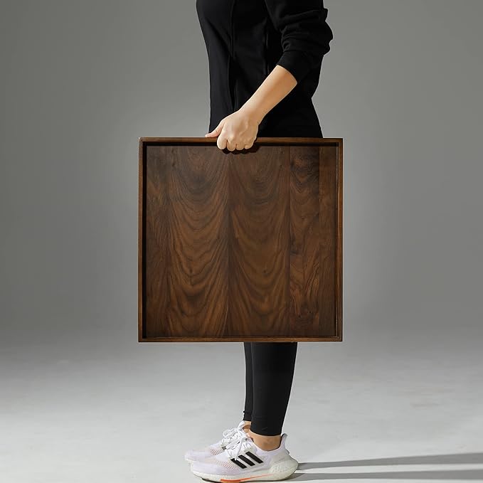 19 x 19 Inches Black Walnut Large Ottoman Tray Solid Wooden Table Square Platter Decorative Serving Tray with Handles for Oversized Ottoman Home Breakfast in Bed Tea Coffee