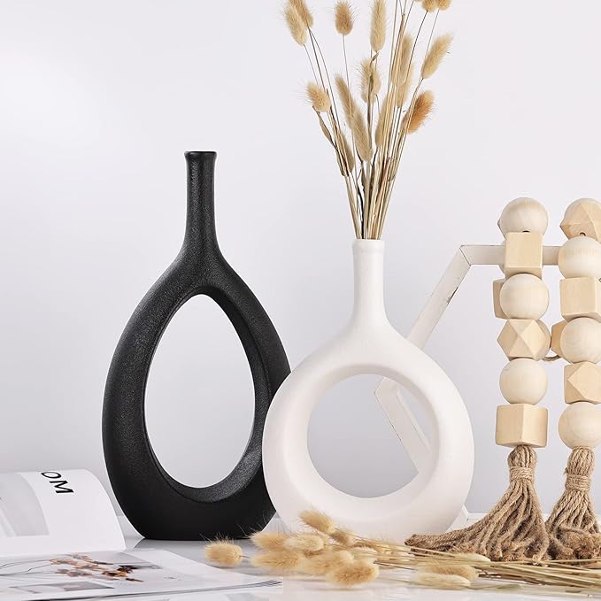 Black White Ceramic Vase Set 2,Modern Hollow Circle with Hole Flower Vase for Home Decor,for Table Centerpieces,Farmhouse,Fire Place,Living Room,Bedroom,Office,Bookshelf,Rustic Decor