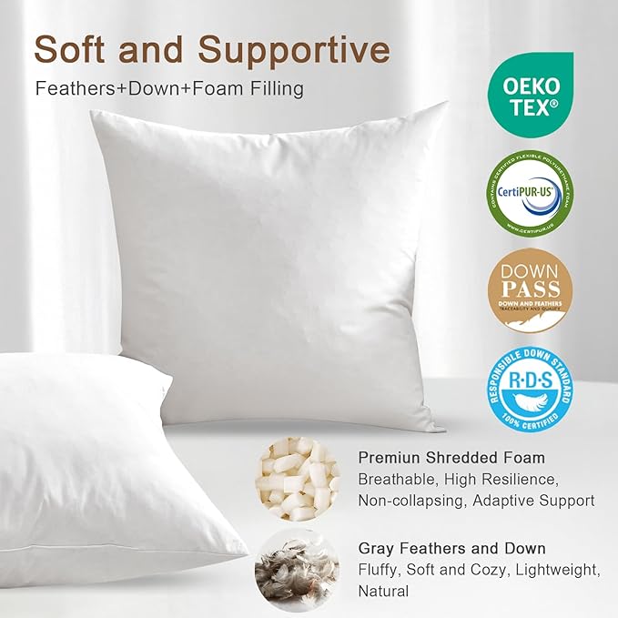 KUSNUG Organic Feather Down Throw Pillow Inserts (26x26 Inch, Set of 2) - 100% Cotton Shell, Filling of Feathers & Memory Foam, Euro Square Decorative Pillow Form Core for Couch, Sofa, and Bed