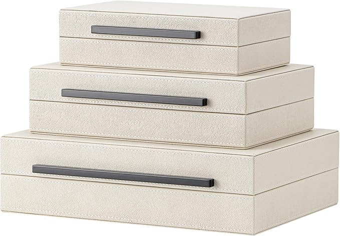 Set of 3 Beige Shagreen Decorative Storage Boxes with Black Metal Handles –Faux Leather Large Modern Stackable Nesting Jewelry Box with Lids Organizer