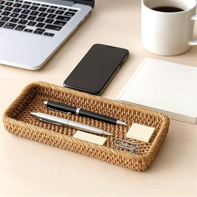 Small Rattan Serving Tray, Woven Rectangle Tray Key Basket for Entryway Table, Natural Wicker Trays Fruit Bowl Decorative Baskets for Bathroom