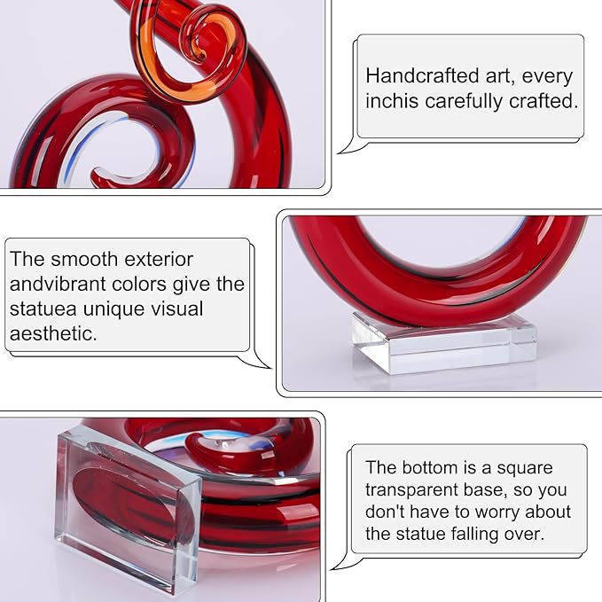 LCCCK 13" H Large Glass Sculpture Red Hand Blown Glass Figurines Art Music Decor, Modern Red Glasses Decor Crystals Statue Knick Knacks- for Luxury Home Living Room Office Console Table Decoration