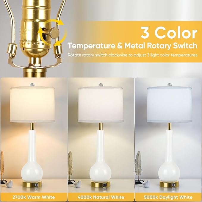 ROTTOGOON 27.5'' Tall Ceramic Table Lamp Set of 2 for Living Room, 3 Color Temperatures Bedroom Lamps with 2 USB Ports, Modern White Bedside Lamps for Night Stands (Bulbs Included)