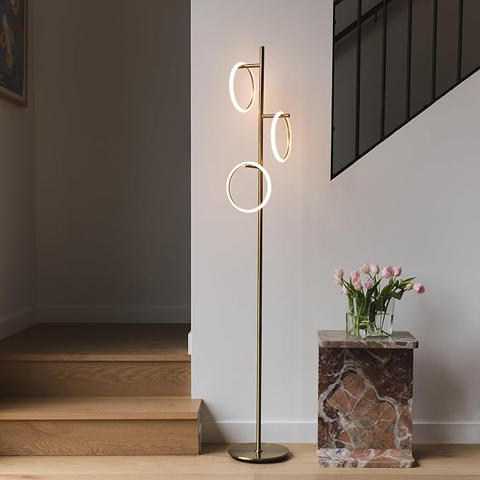 Brightech Saturn Floor Lamp, Great Living Room Decor, Tall Contemporary Standing Tree Light for Offices, Living Rooms, with 3 LED Heads for Bedroom Reading - Gold/Brass