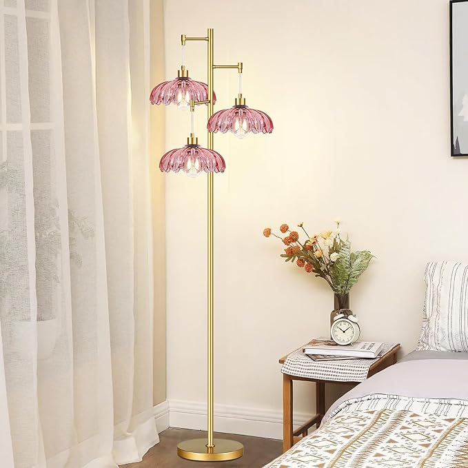 ZECOXOL Vintage Floor Lamps for Living Room Bedroom-3 Light Glass Floor Lamp with Three Led Bulb, Modern Mid Century Standing Lamp Brass Tall Lamp Gold Tree Floor Lamp for Bedroom Corner