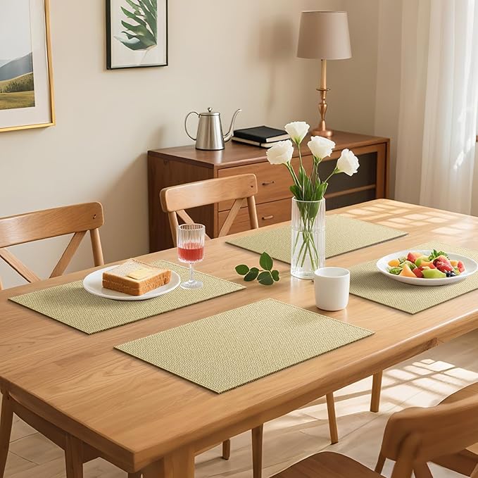 Blue Forest Placemats Set of 4, Dual-Layered Thickened Faux Linen Table Mats Heat Resistant Machine Washable Wrinkle Free Place Mats for Kitchen Dining Outdoor/Indoor (Beige)