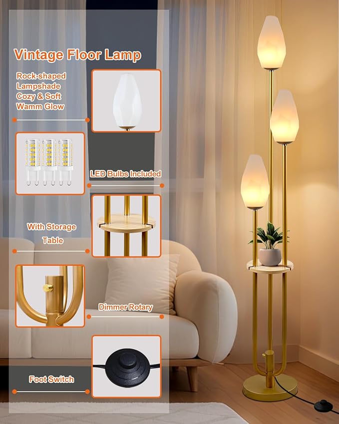 Lightdot Floor Lamp with Tray, 3-Lights Dimmable Floor Lamps with Rock-Shaped Shade, Unique Candle Holder Style Gold Modern Tall Lamp for Living Room/Party(Bulbs Included)