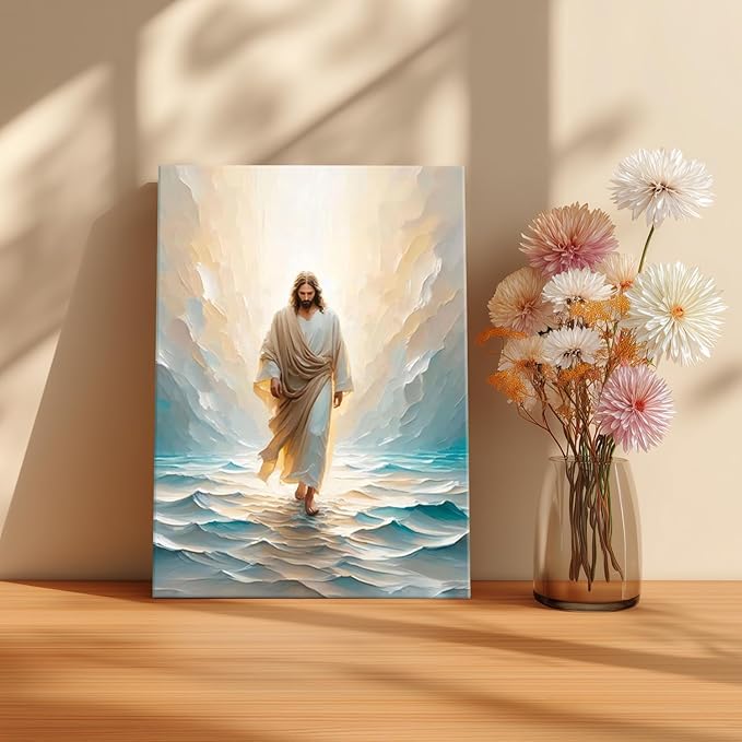 Jesus Walking on Water Canvas Wall Art Religious Christian Bible Stories Poster Oil Painting Wall Decor Religious Savior Pictures Aesthetic for Living Prayer Room Church Bedroom 12x16 in Framed