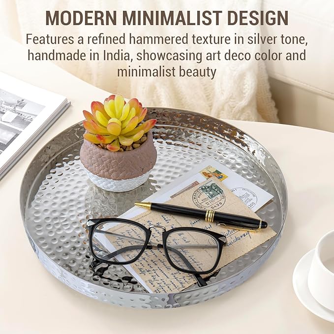 MyGift 11 Inch Silver Round Tray - Hammered Metal Serving Tray & Decorative Silver Platter for Vanity Display - Handcrafted in India