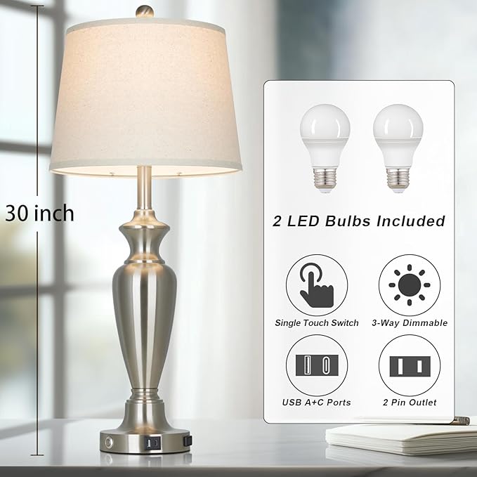 Silver Table Lamp for Living Room Single, 30″ Tall Touch Control Bedside Lamp for Nightstand, 3-Way Dimmable Bedroom Lamp with USB A+C Ports and AC Outlet (1 Pack)