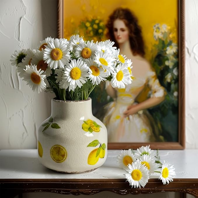 Vintage Lemon Ceramic Vase, Ice Glazed Crack Farmhouse Pitcher Vase for Shelf, Centerpiece Table,Room,Bathroom,Bedroom,Living Room,Office Decorations(4.9 inch)