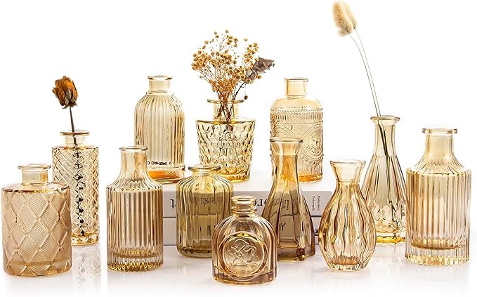 Gold Amber Glass Bud Vases Set of 12, Small Vases for Flowers, Champagne Mini Vintage Vases for Centerpieces,Bud Vase in Bulk for Wedding Decor,Single Flowers,Office and Home Table Flower Décor